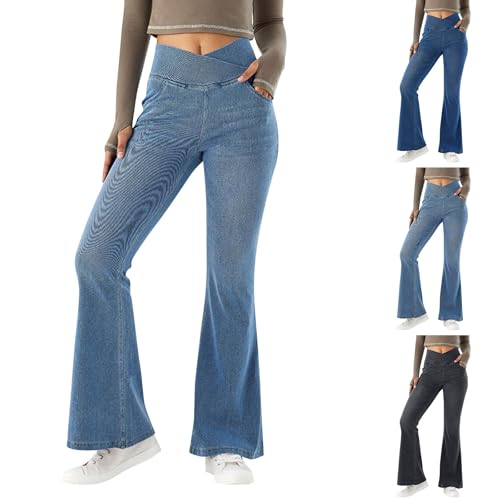 Bell Bottom Jeans for Women Crossover Elastic Waist Jean Leggings Stretchy High Waisted Denim Pants with Pockets