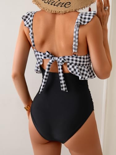 Image of Eomenie One Piece Swimsuit for Women Tummy Control Ruffle Bathing Suit V Neck Ruched Swim Suit Slimming Cutout Swimwear
