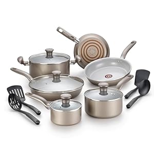 T-fal Initiatives Ceramic Nonstick Cookware Set 14 Piece Oven Safe 350F Pots and Pans Gold