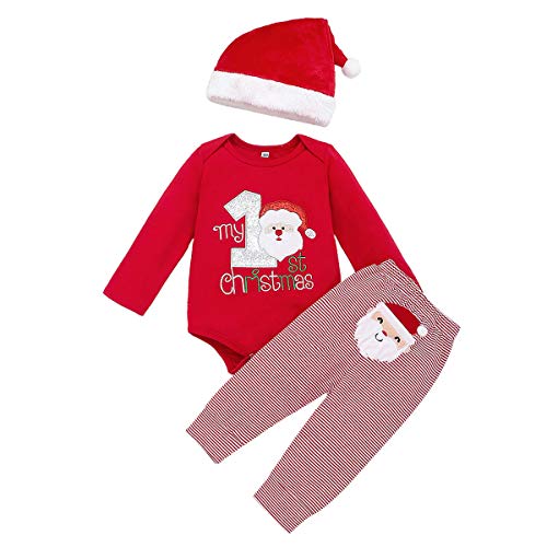 Image of Arleysh Christmas Outfits Baby Boys Girls My 1st Christmas Santa Claus Rompers Bodysuit Pants with Christmas Hat 3 Pcs