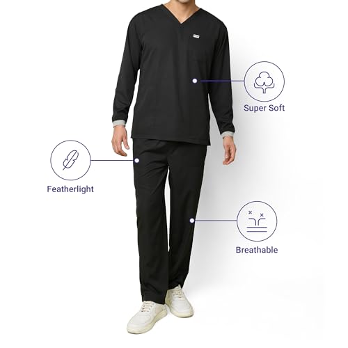 Image of KNYA Active Men's 5-Pocket Longsleeves Scrubs | Set of Top & Bottom | V Neck | Breathable Fabric | Comfortable | Durable | Uniform for Doctors, Nurses and Dentists (XL, Black)