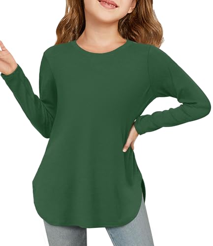Image of Haloumoning Girls Long Sleeve T Shirts Kids Crewneck Tops 5-14 Years | Solid Color, Casual Loose Fit, Basic Tees, Curve Hem, Side Slit, Soft Tunic Tops, Fashion Clothes