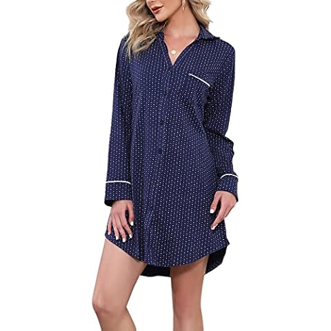 Doaraha Camisón Mujer Verano Manga Corta Algodón Abotonado (Azul Profundo/Lunares, S) Cover