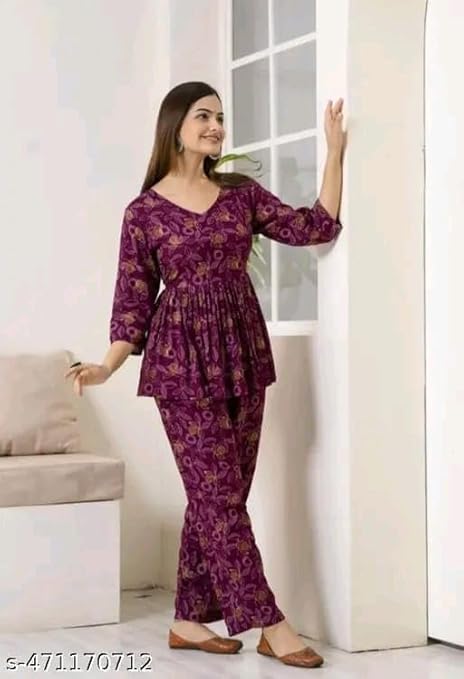 Image of Womens Rayon Printed Co-ord Set Stylish Casual Wear Top & Bottom Set Comfortable Wear Two Piece Outfit