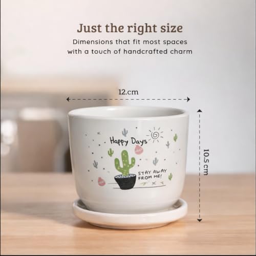 Image of Urban Upvan Happy Days Printed Ceramic Pot with Tray - Premium Decorative Planter for Indoor & Outdoor Plants, Modern Elegant Flower Pot for Home, Garden & Office
