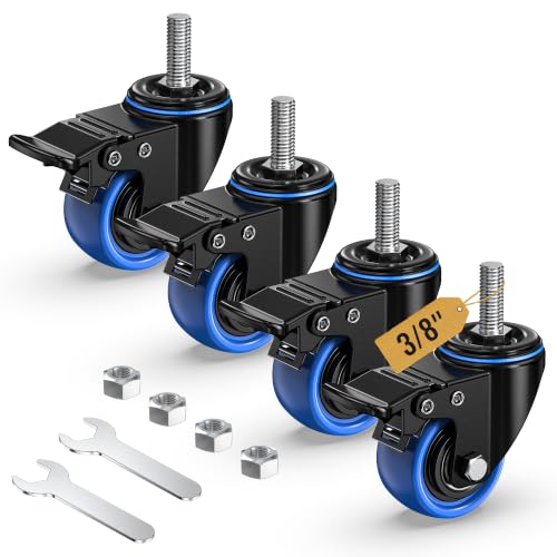 Image of HOLKIE Stem Caster Wheels 2 inch Total Locking Casters Set of 4,Blue Wheel Swivel Heavy Duty Castors Threaded Stem 3 /8 inch -16 x 1