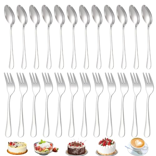 DIKARIYA Kuchengabel und Kaffeelöffel Set, 24 Teelöffel und Kuchengabeln Edelstahl Dessertlöffel Dessertgabeln, Kleine Löffel und Gabel Suppenlöffel für Weihnachten Geburtstag Party Café Restaurant