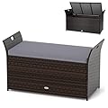 RELAX4LIFE Wicker Outdoor Storage Bench - 68 Gallon Rattan Deck Box w/Side Handles & Soft Cushion for Pillows, Garden Tools, Pool Accessories, Sports Equipment, Patio Bench with Storage for Porch