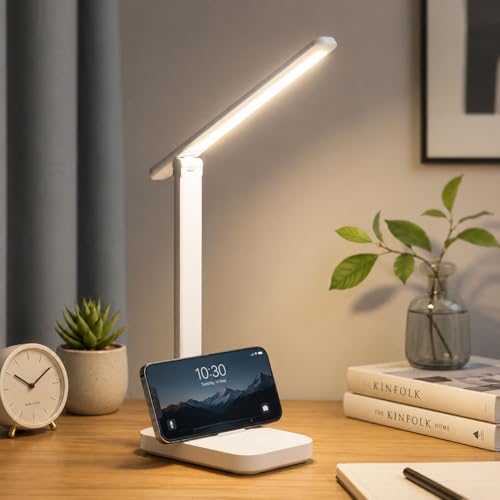 Image of FLYNGO LED Study Table Desk Lamp with Phone Holder, Rechargeable Touch On /Off Lamp for Studying (L83)