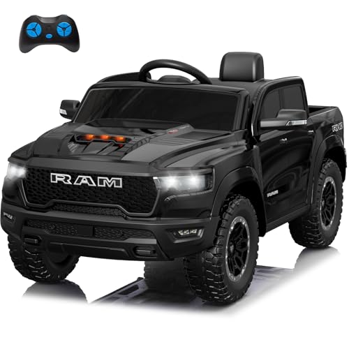 Segmart Licensed Ram 1500 Ride on Toys for Kids 4-8, Ride-on Electric Car for Kids with Remote Control, Battery Powered with Car Key/Gear Selector, LED Light/Music/MP3, Back Storage (Black)