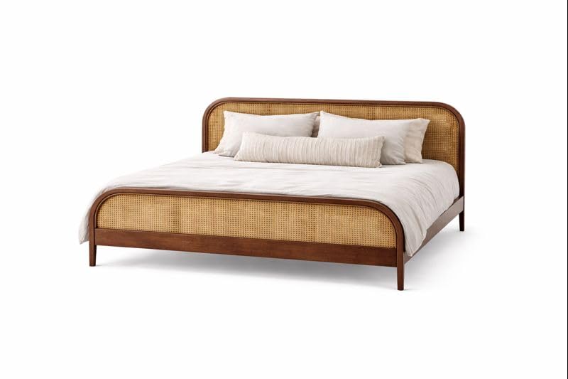 Image of Queen Size Wooden Bed | Modern Cane Headboard & Footboard | Low Height Double Bed for Bedroom Natural