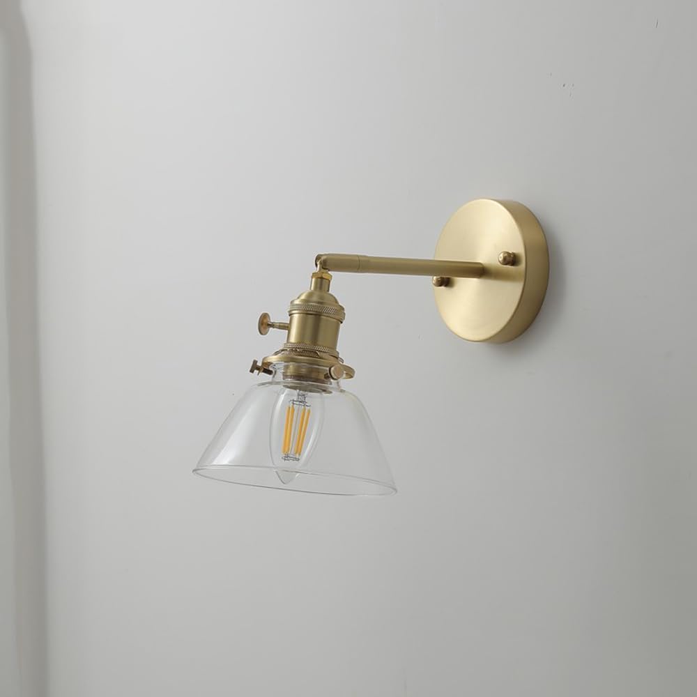 Applique da Parete Moderna in Ottone Spazzolato, Lampada da Parete retrò Regolabile con Interruttore Rotante, Paralume in Vetro, Lampada da Parete in Rame Industriale Vintage E27, apparecchio di