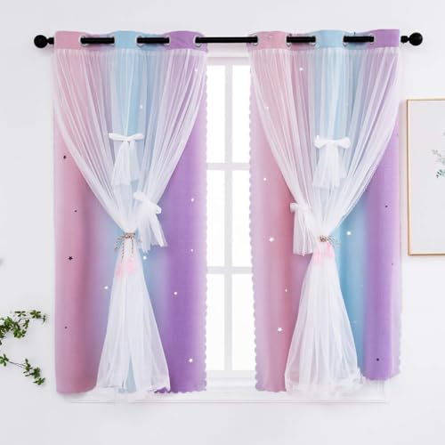 Image of Yancorp Curtains for Girls Bedroom Kids Room Curtain 42 inches Length Girls for Bedroom Playroom Nursery Room Decor,1 Panel (Pink Purple, W34 X L42)