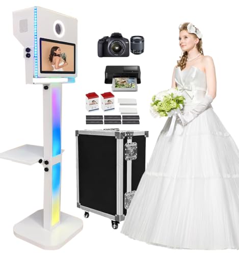 Photo Booth with Printer and Camera, Mirror Photo Booth 15.6 inch Touch Screen Selfie Photobooth Machine RGB Lights for Wedding School Birthday Party Events Rental (White Color Full Set)