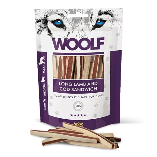 Snack per cani naturali premietti per animale addestramento con cordero e merluzzo tiras masticativi per cani pulizia denti cane 100 g | WOOLF