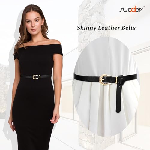 Image of SUOSDEY 2 Pack Women Skinny Belt Thin Waist Belt with Fashion Gold Buckle for Pants Jeans Dresses, 01-black+brown, fits waist from 30 inch-33 inch