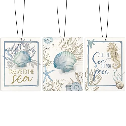 Image of Retro Blue Beach Car Air Freshener, Coastal Seashell Starfish Beachy Air Freshener Hanging 3 Pcs for Cars Closet Drawer or Books, Blue Preppy Beach Car Accessories Mirror Decor for Women