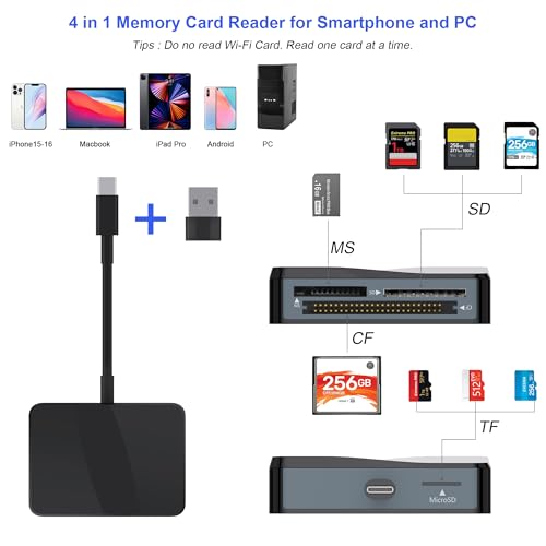 Image of SD Card Reader, 4 in 1 USB C to SD /TF /CF /MS Card Reader with USB to USB C Adapter Memroy Card Reader for iPhone 17 /16 /15 Pro Max iPad Pro MacBook Pro /Air iMac M4 /M3 /M2 Android Phone /Tablet PC (Black)
