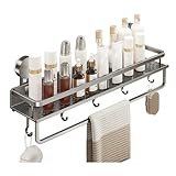 lesulety Duschablage Ohne Bohren Mit Saugnapf Duschregal Badablage Ohne Bohren Badezimmer Organizer Duschgel Halterung Mit Handtuchhalter für Shampoo Conditioner,Grau,60CM