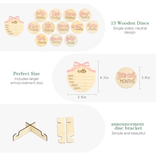 Image of Monthly Baby Milestone Cards for Girls - 13 Wooden 3D Milestone Discs with Hello World Birth Announcement Sign - Newborn Photo Props for Baby Girl