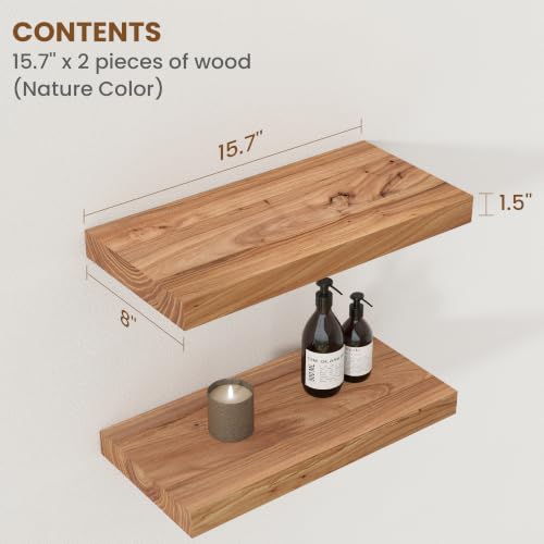 Image of Floating Shelves for Wall, 8 inch Deep Rustic Solid Elm Wood Floating Shelves Wall Mounted, Wall Shelves with Invisible Bracket for Living Room Bedroom Bathroom Kitchen, 15.7 Inch Set of 2, Natural