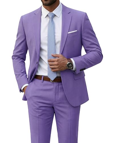 Hihawk Mens 2 Piece Slim Fit Suit with Stretch Fabric Solid 2-Button Notch Lapel Blazer Jacket Vest Pants Set with Tie Purple