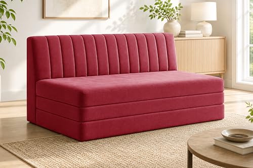 Image of 3-Seater Foldable Floor Sofa Bed with, Modern Velvet Fabric Folding Couch for Living Room, Guest Room & Small Spaces-Red