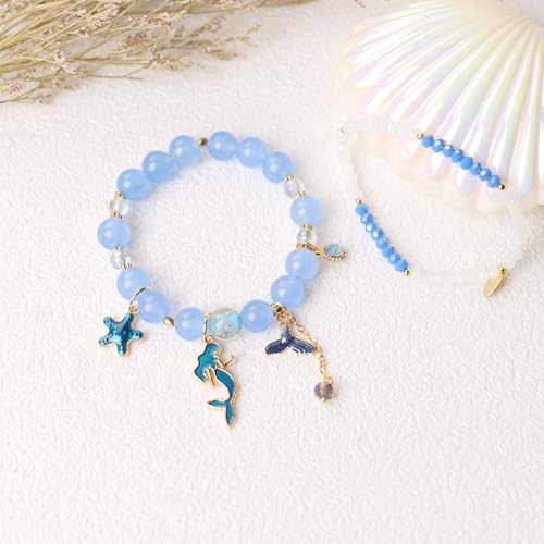 Image of LZ Emotion 2 Pcs Mermaid Bracelet Set Beaded Mermaid Charm Bracelets Starfish Summer Jewelry Mermaid Gifts Birthday Party Decoration