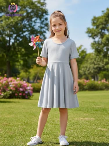 WELAKEN Girls Short Sleeve Skater Dress Twirl Dress for Daily or Special Occasions (5-12 Years)3
