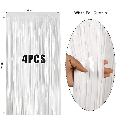 Image of 4 Packs White Foil Fringe Curtain, White Glitter Metallic Tinsel Backdrop for Birthday Wedding Baby Shower Bachelorette Graduation Christmas Halloween Party Decorations Supplies