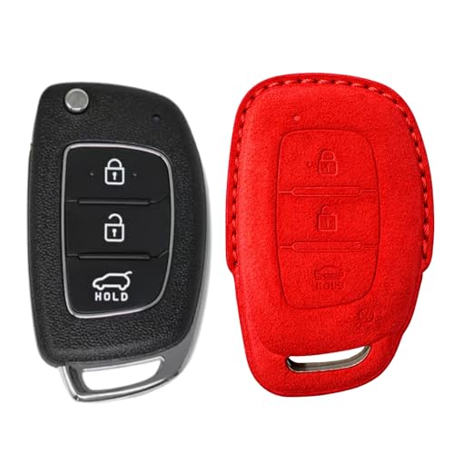 Image of KMH Alcantara Car Key Cover Compatible Hyundai Grand i10 NIOS Asta | Venue | i20 | Aura | Creta | Elantra 3 Button Shell Case Holder Full Key Protector Smart Keycover (D1) Red - Pack of 1