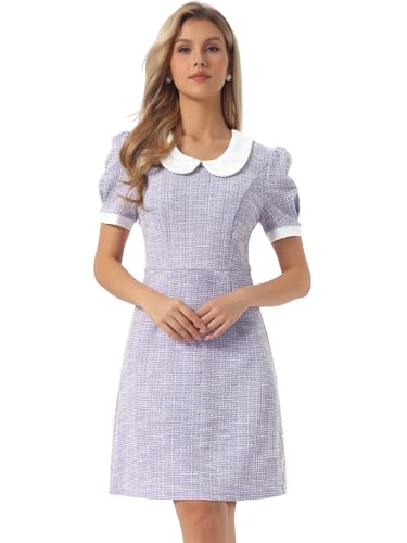 Image of Allegra K Peter Pan Collar Dresses for Women's Plaid Puff Short Sleeve Mini Tweed Dress
