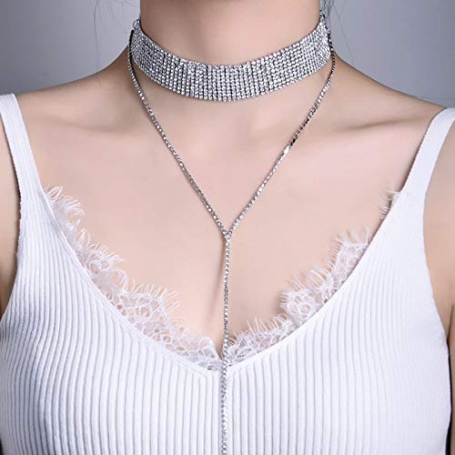 Rhinestones Choker Necklace Double Layer Full Crystal Wide Y Collar Necklace (Silver 1) #TOP1