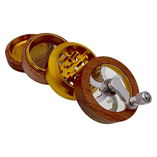 Headchef Woodsman 4 Piece Hand Cranked Clear Top Herb Grinder 62mm, Wooden Outer - Image 2