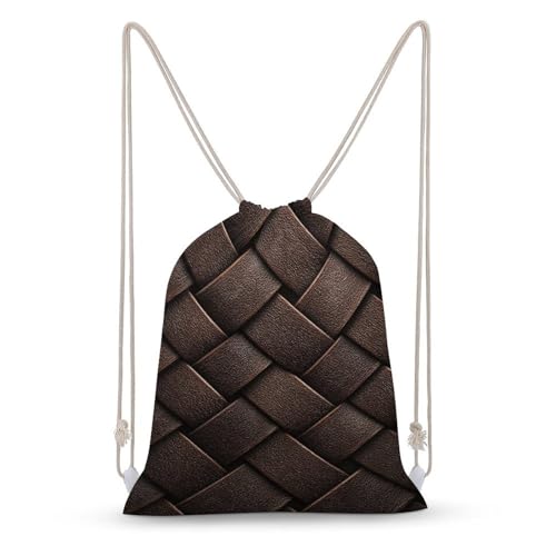 Jubonexis Mochila de lona con cordón y patrón tejido de cuero marrón, ligera, para gimnasio, para hombres y mujeres