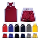 BYKO Conjunto de pantalones cortos y chaleco de boxeo, juego de entrenamiento profesional para niños, adultos, hombres, mujeres, peso ligero, transpirable, tela de satén, uniforme de boxeo, rojo