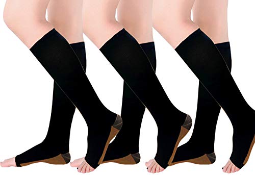 Copper Compression Socks, Open-Toe 20-30mmHg Graduated Compression Stockings for Men Women（3 Pairs)