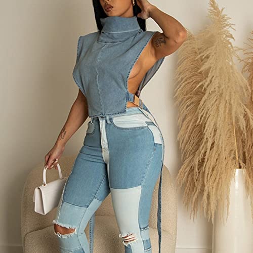 Women 2023 Summer Fashion Causal Distressed Denim Vest Lace Up Crop Tops Relax Fit Light Jean Vest Jacket3