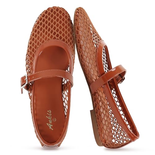 Image of Ankis Mesh Ballet Flats for Women, Black Mesh Flats Buckle Strap Mary Jane Ballerina Flats Women's Fishnet Flat Sandals Shoes for Dressy Summer