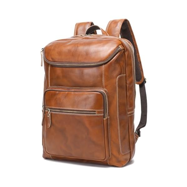 LANNSYNE Vegetable Tanned Leather Backpack For Men, 17" Laptop Backpack, Casual Outdoor Business Travel Rucksack, YKK Zippers