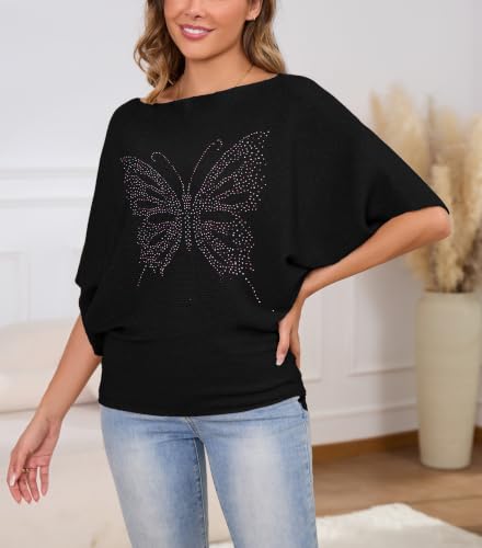 Image of MAKARTHY Womens Batwing Sleeves Knitted Dolman Pullovers Boat Neck Tops Sweatershirts