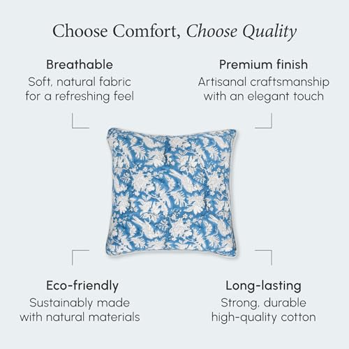 CPC 100% Cotton Throw Pillow Covers 20x20 Inch, Set of 2 Blue Block Print Pattern Couch Pillow, Cute Boho Decorative Pillows for Living Room, Bedroom with Hidden Zipper- Blue Sapphire