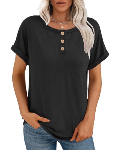 Women's Casual Short Sleeve T-Shirts Summer Basic Crew Neck Loose Fit Henley Shirts