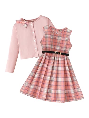 Image of PureChapter Girls' Preppy Clothes Plaid Vest Dress Cardigan Jacket Belt Cute Kids Clothes 7-14Y Green