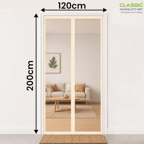 Image of Classic Mosquito Net for Doors with Magnets | Tear-Resistant Fiberglass Mesh | Auto-Close Magnetic Screen Door, Balcony & Kitchen | DIY Installation | Protection Insects (200 x 120 cm,Ivory)