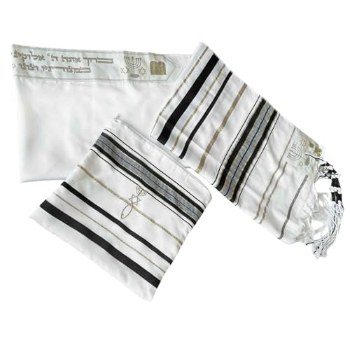 Jewish Black Tallit Shawl Prayer Scarf Star of David Tzitzit w/Pouch Bag for Men Women 72 x 22 Bar Mitzvah Gift Pomegranates and Menorah from Israel Christian4