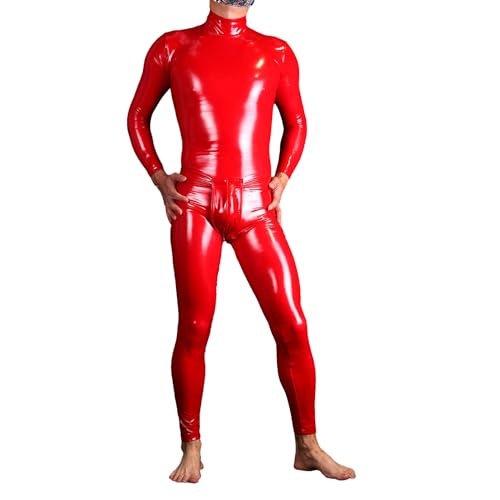 LESOYA Men's One Piece Shiny Wetlook PVC Leather Long Sleeve Bodysuit Back with Zipper Catsuit Clubwear