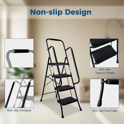 Image of 4 Step Ladder with Handrails, Folding Step Stool with Wide Anti-Slip Pedal, 300 lbs Capacity Sturdy Steel Ladder, Ladder for Home, Garden, Painting, Outdoor, and Garage, Black