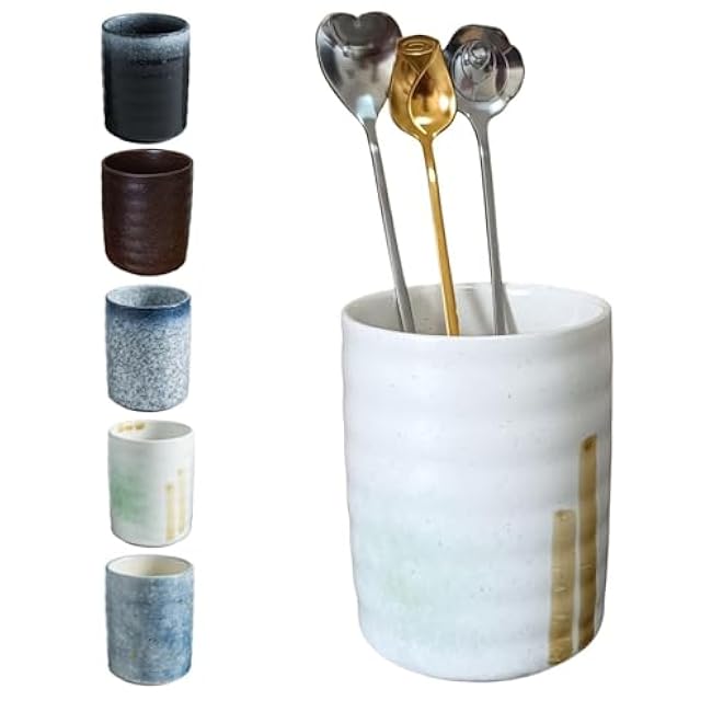 Stoneware Coffee Bar Utensil Holder Tea & Coffee Spoon & Stirrer Holder for Stir Stick Straw Teaspoon Holder Spoon Cup Small Utensil Jar (Spring Sprout)