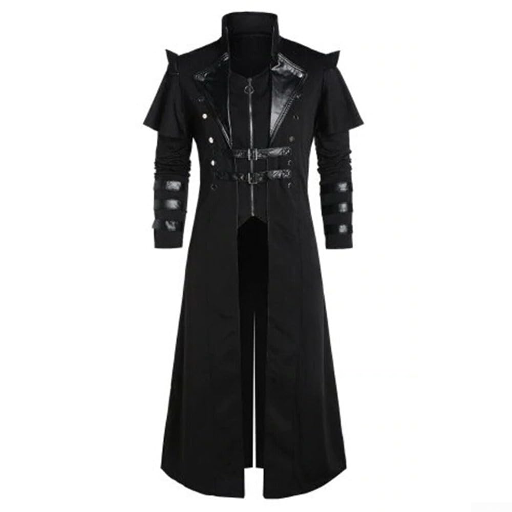 EcoLivzen Men's Black Gothic Victorian Steampunk Assassin Tailcoat Coat for Pirate Elf Costume and Fantasy Role Playing (M Black)